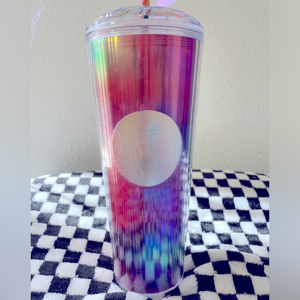 Pride iridescent Starbucks tumbler with the dome lid
